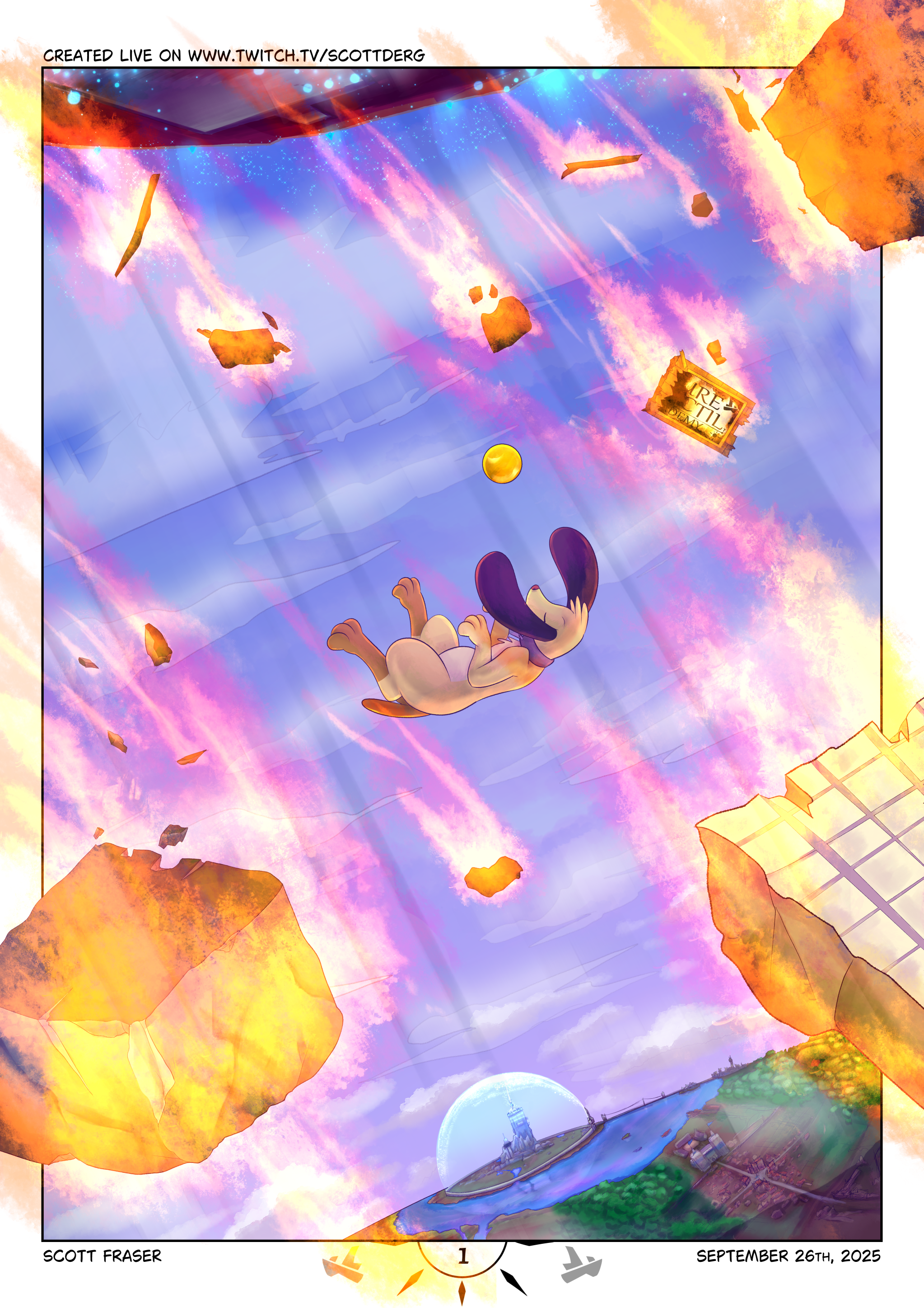 A yellow dog falling from the sky as debris blazing on fire falls alongside the dog. It's a daytime sky with a town below and a huge medieval city on a cliff surrounded by a magical blue dome.